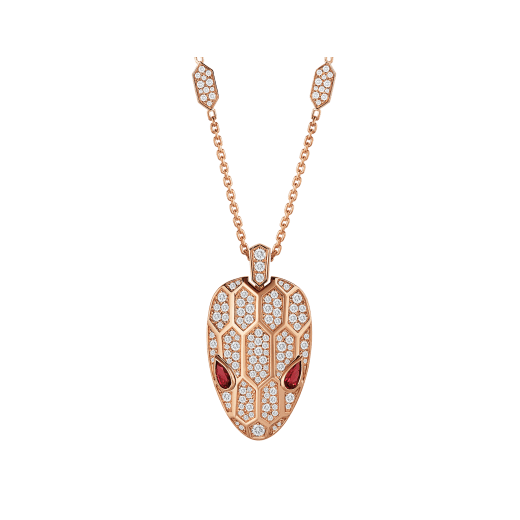 Serpenti necklace in 18 kt rose gold, set with rubellite eyes and with pavé diamonds on the chain and the head. 352725 image 1