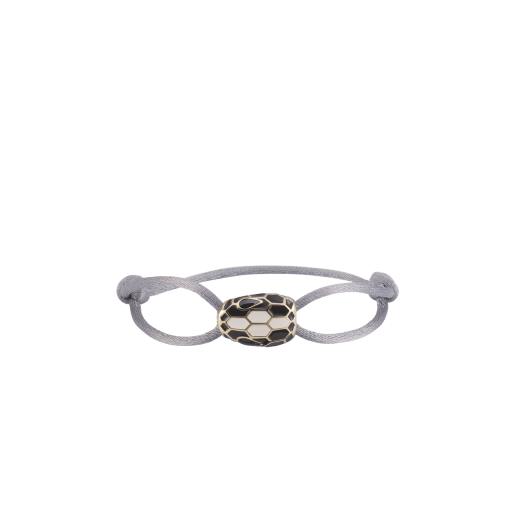 Serpenti Forever bracelet in foggy opal gray fabric. Captivating light gold-plated brass snakehead embellishment with black and white agate enamel scales and black enamel eyes. SERP-STRINGf image 1