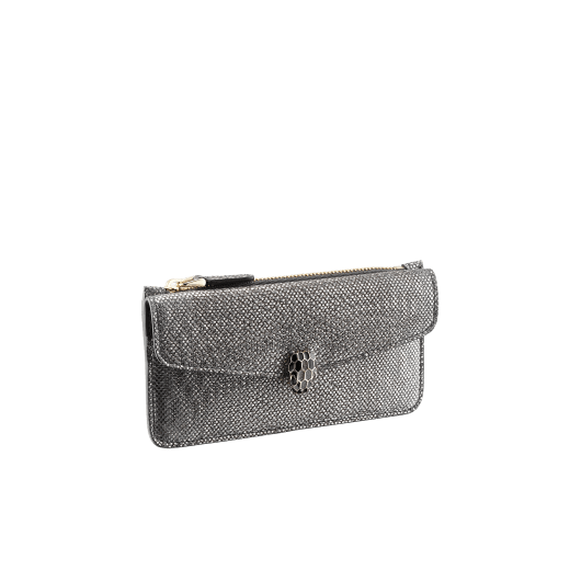 "Serpenti Forever" card holder in Milky Opal beige metallic karung skin and Milky Opal beige calf leather. Light gold-plated brass iconic snakehead stud closure enamelled in black and glittery Milky Opal beige, with black enamel eyes. SEA-CC-HOLDER-ZIP-MK image 1
