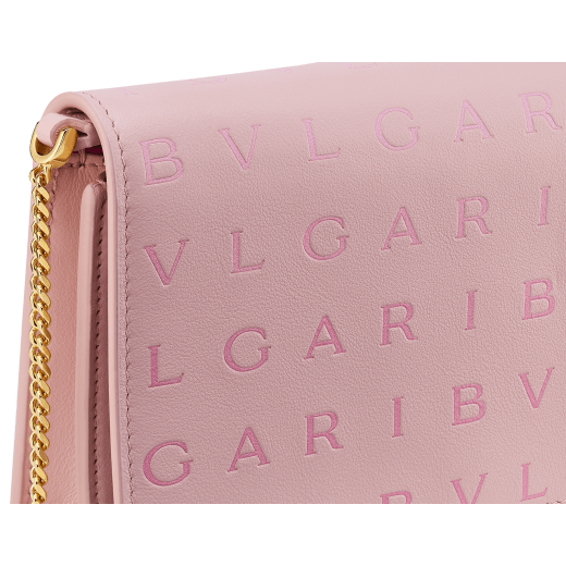 Bvlgari Logo chain wallet in Ivory Opal white calf leather with hot stamped Infinitum Bvlgari logo pattern and plain Pink Spinel nappa leather lining. Light gold-plated brass hardware BVL-CHAINWALLETb image 4