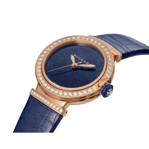 LVCEA watch with mechanical manufacture movement and automatic winding, 18 kt rose gold case and links both set with round brilliant-cut diamonds, blue aventurine dial and blue alligator bracelet. Water-resistant up to 50 metres 103341 image 2