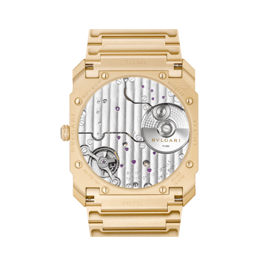 Octo Finissimo Automatic watch with mechanical manufacture ultra-thin movement (2.23 millimetres thin), automatic winding with platinum microrotor, sandblasted 18 kt yellow gold case and bracelet, yellow gold dial, black hands and indexes. Water resistant up to 100 metres 104190 image 4