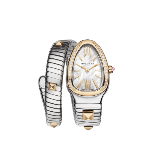 Serpenti Tubogas Studs Capsule single-spiral watch in stainless steel with 18 kt yellow gold diamond-set bezel, 18 kt yellow gold studs on the bracelet, and mother-of-pearl dial. Water-resistant up to 30 metres. Serpenti-Tubogas-Studs-Capsule image 1