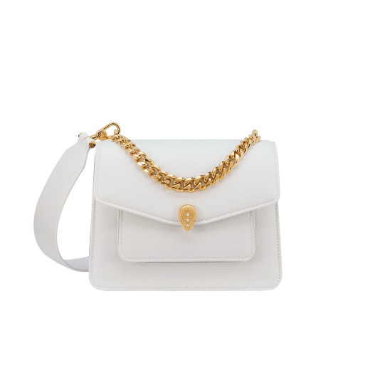 Serpenti Forever Maxi Chain small crossbody bag in flash diamond white grained calf leather with foggy opal gray nappa leather lining. Captivating snakehead magnetic closure in gold-plated brass embellished with white mother-of-pearl scales and red enamel eyes. 1134-MCGC image 1