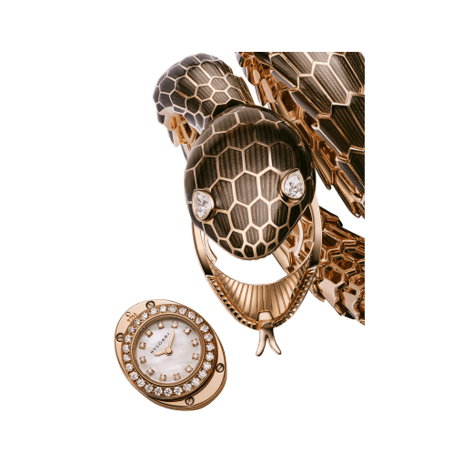 Serpenti Misteriosi High Jewellery secret watch with mechanical manufacture micro-movement with manual winding, 40 mm black lacquered 18 kt rose gold case and bracelet set with two pear-cut diamonds and mother-of-pearl dial. 103559 image 4