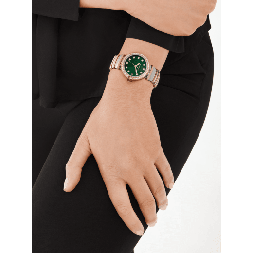 LVCEA watch with stainless steel case, 18 kt rose gold bezel set with brilliant-cut diamonds, green dial, diamond indexes, date opening, stainless steel and 18 kt rose gold bracelet. Exclusive Edition for Middle East 103289 image 5