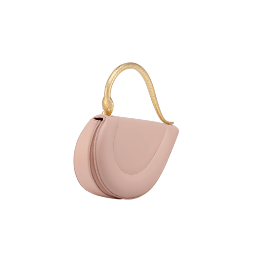 Serpenti Cuore 1968 medium top handle bag in star rose pink calf leather with crystal rose nappa leather lining. Captivating snake body-shaped top handle in gold-plated brass embellished with engraved scales and zirconia eyes; press-button closure. 294801 image 2