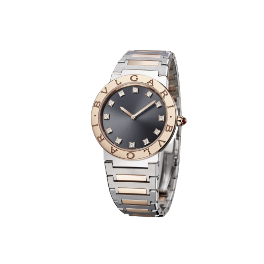BVLGARI BVLGARI LADY watch with stainless steel case, 18 kt rose gold bezel engraved with double logo, grey lacquered dial, diamond indexes, and stainless steel and 18 kt rose gold bracelet. 103067 image 2