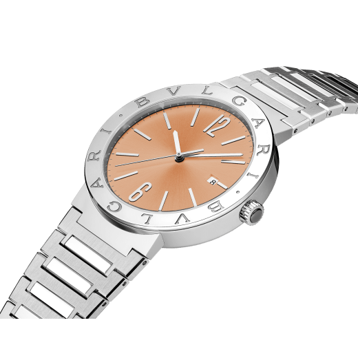 BULGARI BULGARI watch with mechanical manufacture automatic movement, satin-polished stainless steel case, bracelet and bezel engraved with the double BULGARI logo and orange lacquered sunray dial. Water-resistant up to 50 metres. Resort Limited Edition of 65 pieces. 103683 image 2
