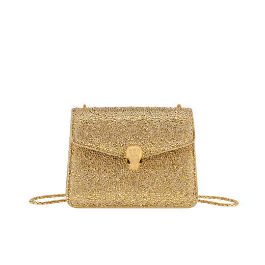 Serpenti Forever small crossbody bag in natural suede with different-size gold crystals and black nappa leather lining. Captivating magnetic snakehead closure in gold-plated brass embellished with "diamantatura" engraving on the scales, and black onyx eyes. 292889 image 1