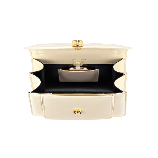 Serpenti Forever Maxi Chain small crossbody bag in foggy opal grey Metropolitan calf leather with linen agate beige nappa leather lining. Captivating snakehead magnetic closure in gold-plated brass embellished with grey agate scales and red enamel eyes. 1134-MCMC image 4