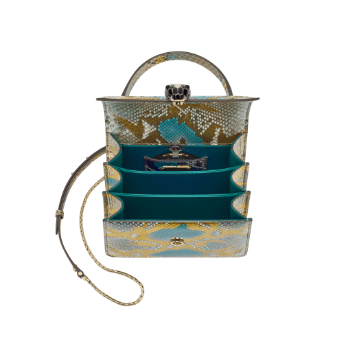 “Serpenti Forever ” top handle bag in multicolor "Chimera" python skin with Lavander Amethyst lilac nappa leather internal lining. Tempting snakehead closure in gold plated brass enriched with black and Lavander lilac enamel, and black onyx eyes 1122-Pa image 4