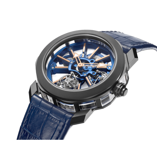 Octo Roma Tourbillon Sapphire watch with mechanical manufacture movement, flying tourbillon, manual winding, titanium case with black Diamond Like Carbon treatment, sapphire middle case, blue PVD calibre decorated with 18 kt rose gold indexes on the bridges and blue alligator bracelet 103154 image 2