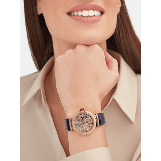 LVCEA Skeleton watch with mechanical manufacture movement, automatic winding and skeleton execution, stainless steel and 18 kt rose gold case, 18 kt rose gold openwork BVLGARI logo dial set with brilliant-cut diamonds and blue alligator bracelet with 18 kt rose gold links set with diamonds 103502 image 5