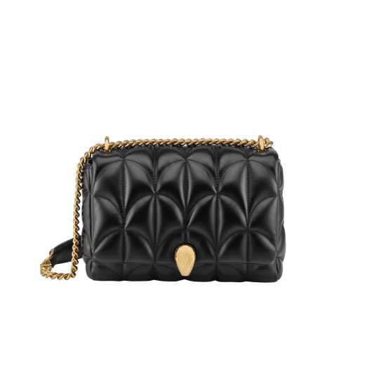 Serpenti Sugarloaf medium shoulder bag in black calf leather with a maxi Calla Matelassé motif and black nappa leather lining. Captivating snakehead magnetic closure in gold-plated brass. SSL-001-1312M image 4