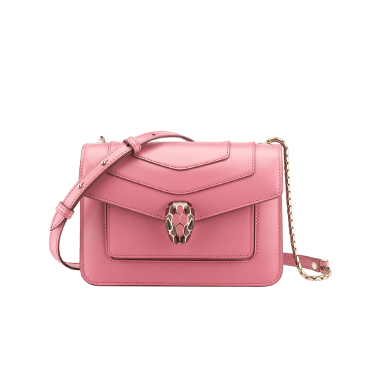 “Serpenti Forever” crossbody bag in Lavender Amethyst lilac calf leather, and Reef Coral red grosgrain inner lining. Iconic snakehead closure in light gold-plated brass enhanced with black and white agate enamel, with green malachite eyes. 1082-CLb image 1