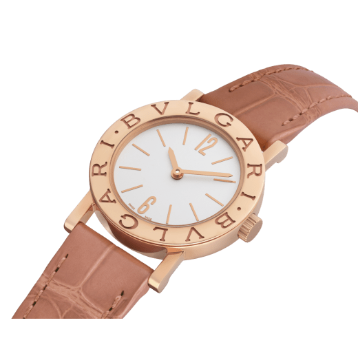 Bvlgari Bvlgari watch with 18 kt rose gold case and bezel engraved with double logo, white opaline dial and beige alligator bracelet. Water-resistant up to 30 metres 103966 image 2
