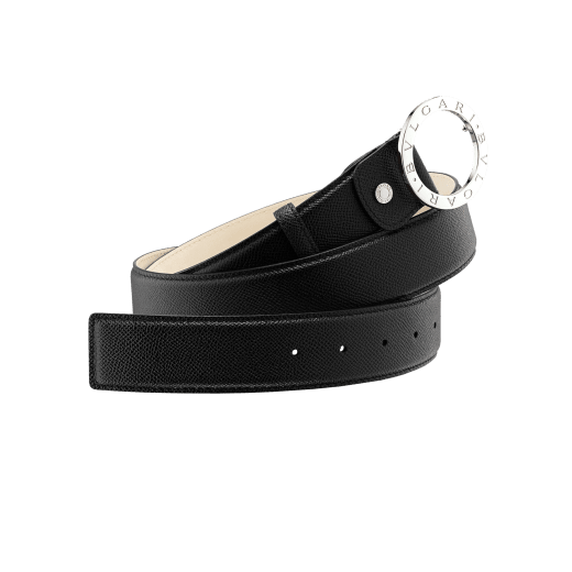 Man Belt in black grain calf leather with iconic round BVLGARI BVLGARI closure in brass palladium plated hardware. ROUND-CURVED-gcl image 1