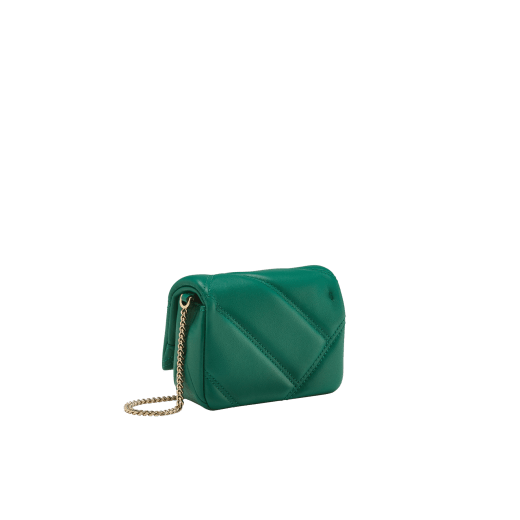 Serpenti Cabochon micro bag in gold calf leather with a maxi matelassé pattern and black nappa leather lining. Captivating snakehead closure in light gold-plated brass embellished with red enamel eyes. SCB-NANOCABOCHONb image 3