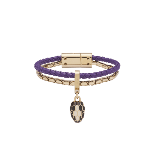 Serpenti Forever bracelet in vivid, dark amethyst purple braided calf leather and light gold-plated brass chain with magnetic clasp closure. Captivating snakehead charm with black and white agate enamel scales and black enamel eyes. SERPBRAIDCHAIN-WCL-VA image 1