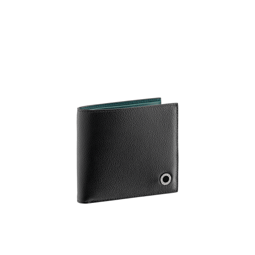 BULGARI BULGARI Man compact wallet in black Urban grain calf leather with forest emerald green Urban grain calf leather interior. Iconic dark ruthenium plated-brass décor enamelled in matte black, and folded closure. BBM-WLTITALASYM image 1