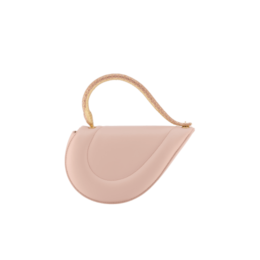 Serpenti Cuore 1968 top handle bag in star rose pink calf leather with crystal rose nappa leather lining. Captivating snake body-shaped top handle in gold-plated brass embellished with star rose pink enamel scales and zirconia eyes; press-button closure. SRN-001-1326S image 6