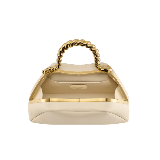 Geraldine Guyot x Bvlgari Serpentine small top handle bag in chestnut opal nubuck leather with chestnut opal nappa leather lining. Reimagined snake body-shaped top handle in gold-plated brass with press-button closure. SRN-001-1268S-GG image 3