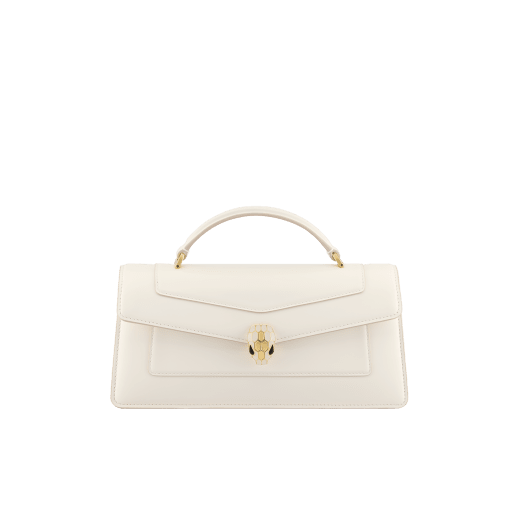 Serpenti Forever Elongated top handle bag in black calf leather with black nappa leather lining. Captivating snakehead magnetic closure in light gold-plated brass embellished with black enamel and light gold-plated brass scales, and black onyx eyes. SEA-001-1390S image 1