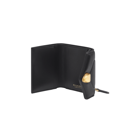 Serpenti Reverse compact wallet in Sahara amber light brown quilted Metropolitan calf leather with taffy quartz pink Metropolitan calf leather interior. Captivating snakehead press button closure in gold-plated brass embellished with red enamel eyes. SRV-COMPACTWLT image 2