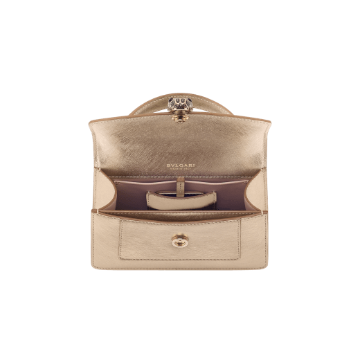 Serpenti Forever mini top handle bag in silver Striated calf leather with grey nappa leather lining. Captivating snakehead magnetic closure in light gold-plated brass embellished with grey enamel, light gold-plated brass scales and black onyx eyes. SEA-1283-STR image 3