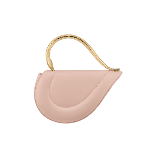 Serpenti Cuore 1968 medium top handle bag in star rose pink calf leather with crystal rose nappa leather lining. Captivating snake body-shaped top handle in gold-plated brass embellished with engraved scales and zirconia eyes; press-button closure. 294801 image 5