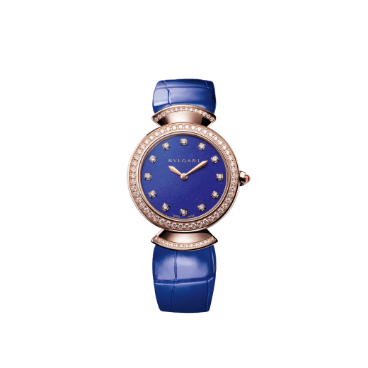 DIVAS' DREAM watch with 18 kt rose gold case, 18 kt rose gold bezel and fan-shaped links both set with round brilliant-cut diamonds, lapis lazuli dial, diamond indexes and blue alligator bracelet 103261 image 1