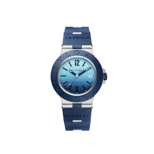 Bvlgari Aluminium Capri Edition watch with mechanical manufacture movement, automatic winding, 40 mm aluminum case, dark blue rubber bezel and bracelet, and blue shaded dial. Water-resistant up to 100 meters. Special Edition limited to 1,000 pieces 103815 image 1