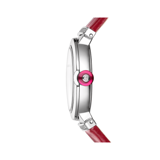 LVCEA watch with stainless steel case, stainless steel links set with brilliant-cut diamonds, pink mother-of-pearl marquetry dial, 12 diamond indexes and pink alligator bracelet. Water-resistant up to 50 metres. 103619 image 4