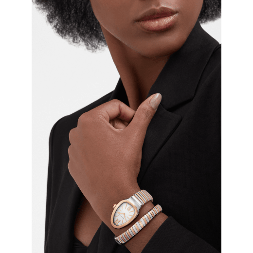 Serpenti Tubogas single-spiral watch in 18 kt rose gold and stainless steel with white opaline dial with guilloché soleil treatment. Water-resistant up to 30 meters. 103708 image 1