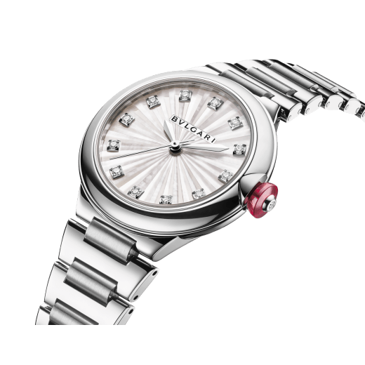 Lvcea watch in polished and satin-brushed stainless steel with automatic movement, white mother-of-pearl intarsio dial and 12 diamond indexes. Water-resistant up to 50 metres 103727 image 2