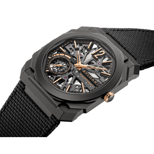 Octo Finissimo Skeleton 8 Days watch with mechanical manufacture ultra-thin movement (2.50 mm thin), manual winding, 8 days power reserve, black DLC-coated titanium case, openwork dial, rose gold-plated hands and indexes, black rubber bracelet. Water-resistant up to 30 metres 104121 image 2