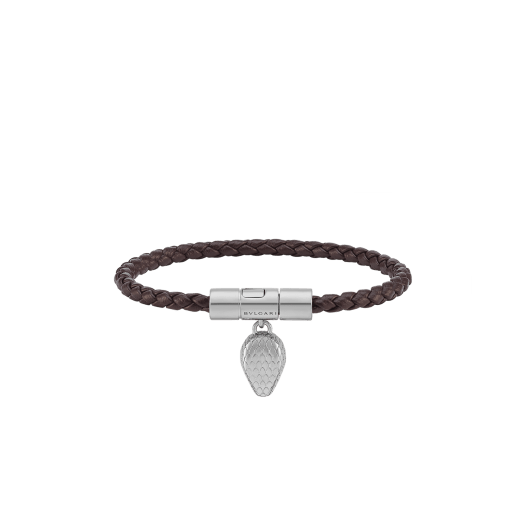 Serpenti Forever bracelet in chestnut opal braided calf leather. Palladium-plated brass captivating snakehead charm attached to the front clasp closure. SERP-HER-BRAID-chestopal image 1