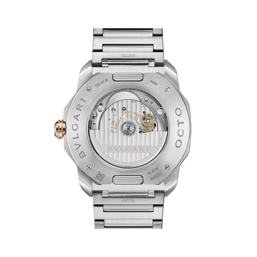 Octo Roma watch in stainless steel with additional interchangeable brown rubber strap, 18 kt rose gold bezel and grey Clous de Paris dial. Mechanical manufacture movement with automatic winding. Water-resistant up to 100 metres. 103928 image 4