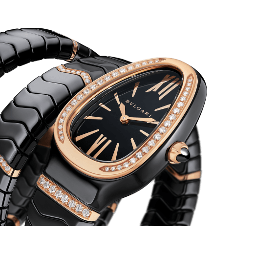 Serpenti Spiga double-spiral watch in black ceramic with an 18 kt rose gold bezel and single elements set with diamonds, and a black dial. Water-resistant up to 30 metres 103199 image 2