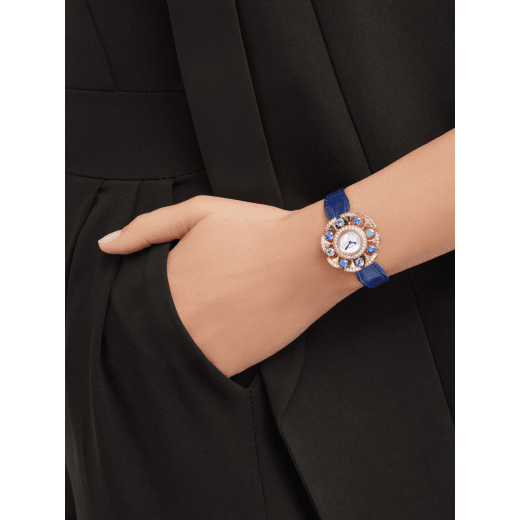 DIVAS' DREAM watch with 18 kt rose gold case set with round brilliant-cut diamonds, topazes and tanzanites, white mother-of-pearl dial and blue alligator bracelet. Water resistant up to 30 metres 103752 image 1