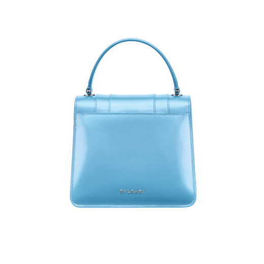 Serpenti Forever top handle bag in Niagara sapphire blue varnished calf leather with black gros grain lining. Captivating snakehead closure in palladium-plated brass embellished with matt Niagara sapphire blue enamel scales and black onyx eyes. 291322 image 3