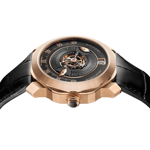 Octo Roma Papillon Central Tourbillon with mechanical manufacture movement, manual winding, central flying tourbillon, minutes indication with two 18 kt rose gold Papillon hands, 24-hour jumping hour, ceramic ball bearing system, 18 kt rose gold case, black matt dial, tourbillon cage and Papillon system opening, transparent sapphire caseback, matt black alligator bracelet and 18 kt rose gold folding clasp. Water-resistant up to 50 metres 103475 image 4