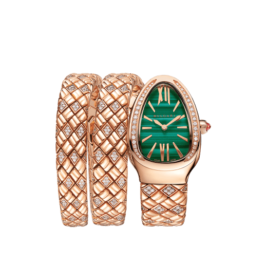 Serpenti Spiga double-spiral watch with 18 kt rose gold case set with diamonds, malachite dial and 18 kt rose gold bracelet partially set with brilliant-cut diamonds. Water-resistant up to 30 metres. Small size SERPENTI-SPIGA-2T image 1