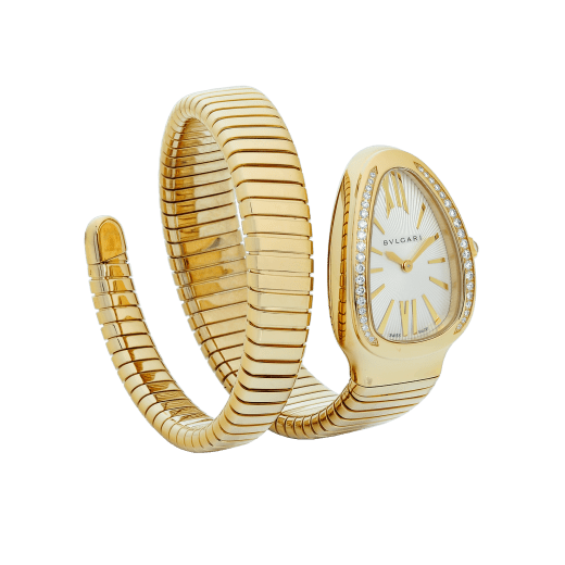 Serpenti Tubogas single spiral watch in 18 kt yellow gold case and bracelet, bezel set with brilliant cut diamonds and silver opaline dial. 101924 image 2
