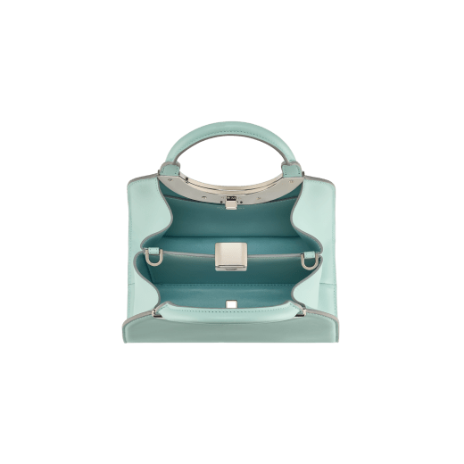 Bulgari Roma small top handle bag in vivid emerald green Metropolitan calf leather with vivid emerald green nappa leather lining. Iconic metal detail in antique gold-plated brass with vivid emerald green lacquering and BULGARI logo engraving; press button closure. BVR-1270-CL2 image 4