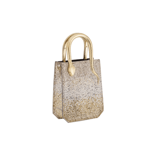 Serpentine mini tote bag in natural suede with different-size degradé gold crystals and black nappa leather lining. Captivating snake body-shaped handles in gold-plated brass embellished with engraved scales and red enamel eyes. SRN-1223-CDS image 2