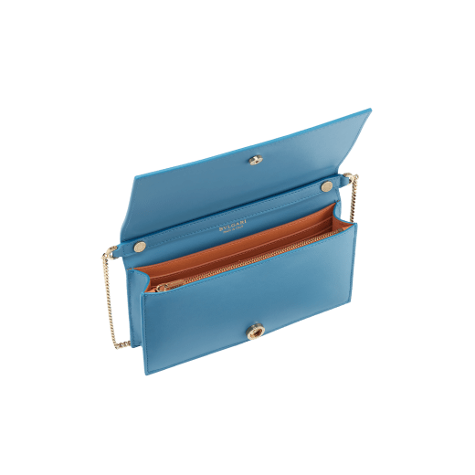 Bvlgari Logo chain wallet in Niagara Sapphire blue calf leather with hot stamped Infinitum Bvlgari logo pattern and plain Coral Carnelian orange nappa leather lining. Light gold-plated brass hardware BVL-CHAINWALLET image 2