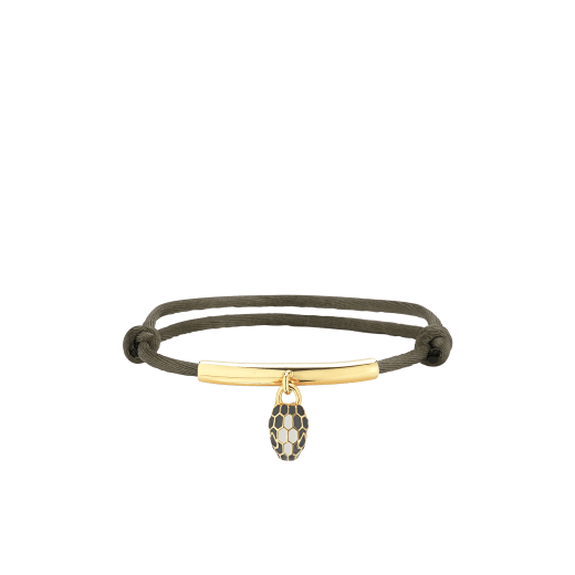 "Serpenti Forever" bracelet in Mimetic Jade green fabric, with a gold-plated brass plate. Iconic snakehead charm enamelled in black and white agate, with seductive black enamel eyes. SERP-MINISTRINGa image 1