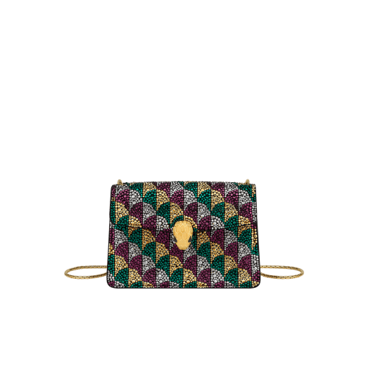 Mini borsa a tracolla Serpenti Forever con motivo Calla realizzato con cristalli oro e argento applicati su pelle scamosciata beige travertino e fodera in nappa agata beige. Accattivante chiusura magnetica Serpenti in ottone placcato oro chiaro con squame diamantate e occhi in onice nera. SEA-002-0986XS-CALLA image 1